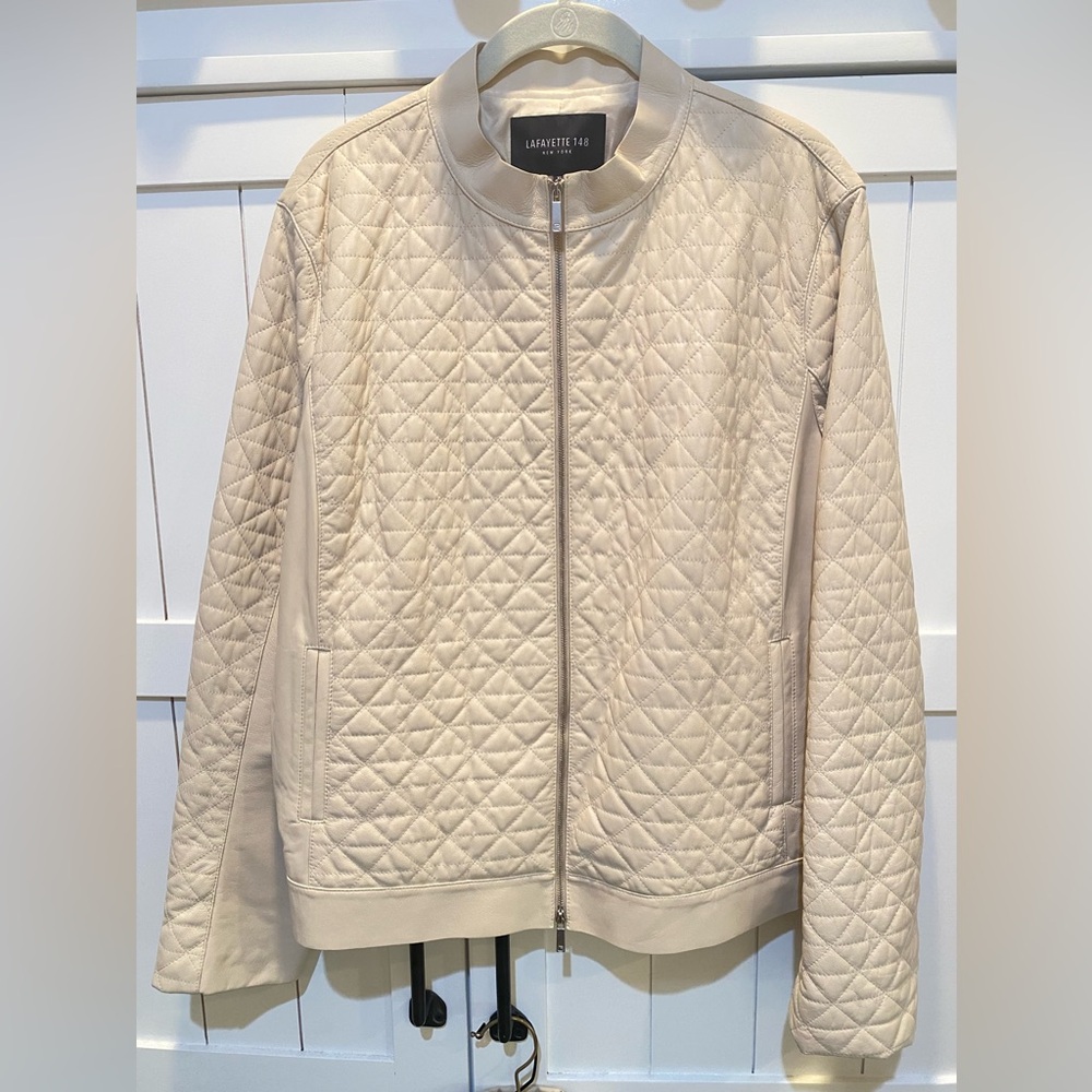 Lafayette 148 New York Cream Quilted Bomber Jacket Size XL ✨PRISTINE CONDITION✨